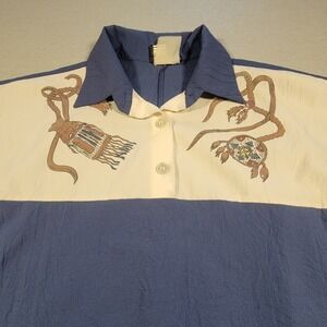 Southern Lady Vintage 80s Western Blouse Pullover Blue Cream Shirt Size Large